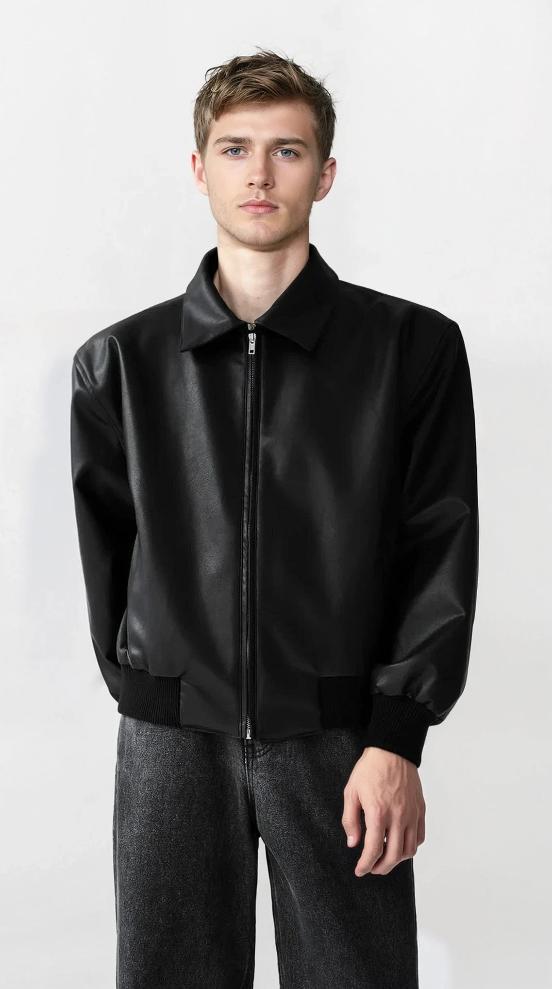 Faux Leather Zip-Through Collared Cuffed Jacket