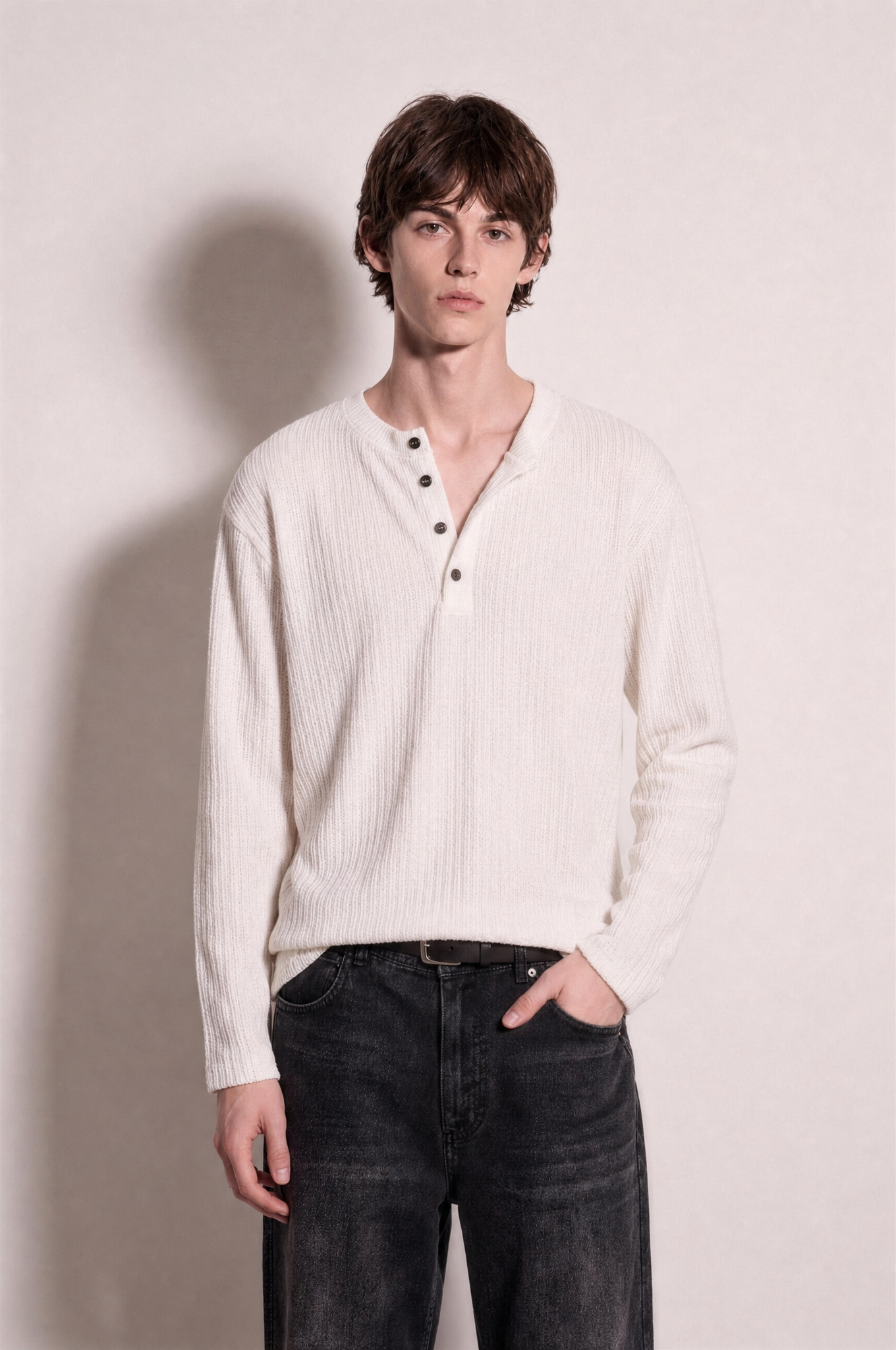 Long Sleeve Textured Henley Shirt in White – half-body front
