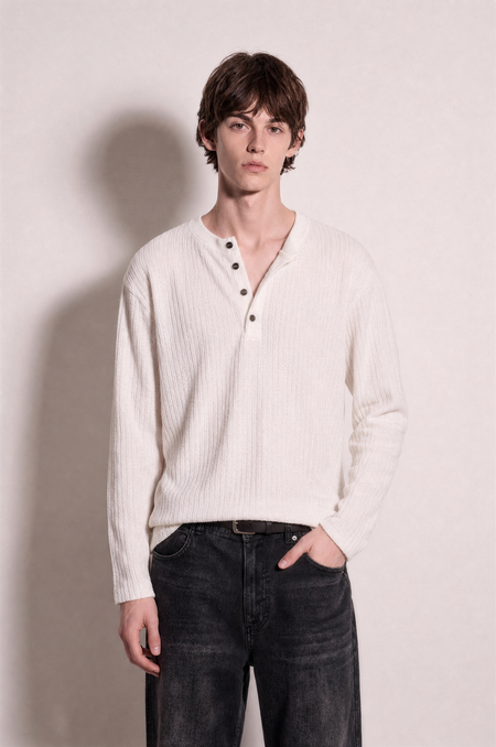 Long Sleeve Textured Henley Shirt in White – half-body front
