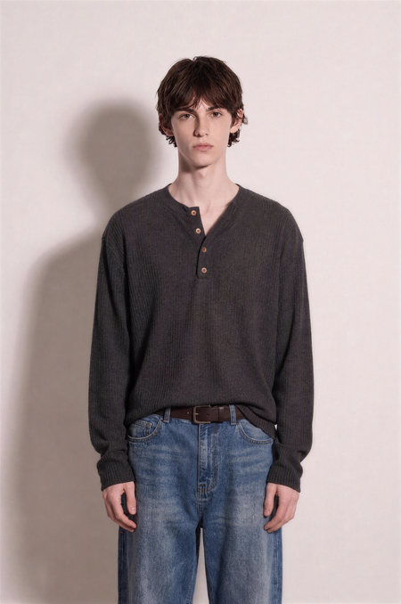 Long Sleeve Textured Henley Shirt in Dark Grey – half-body front