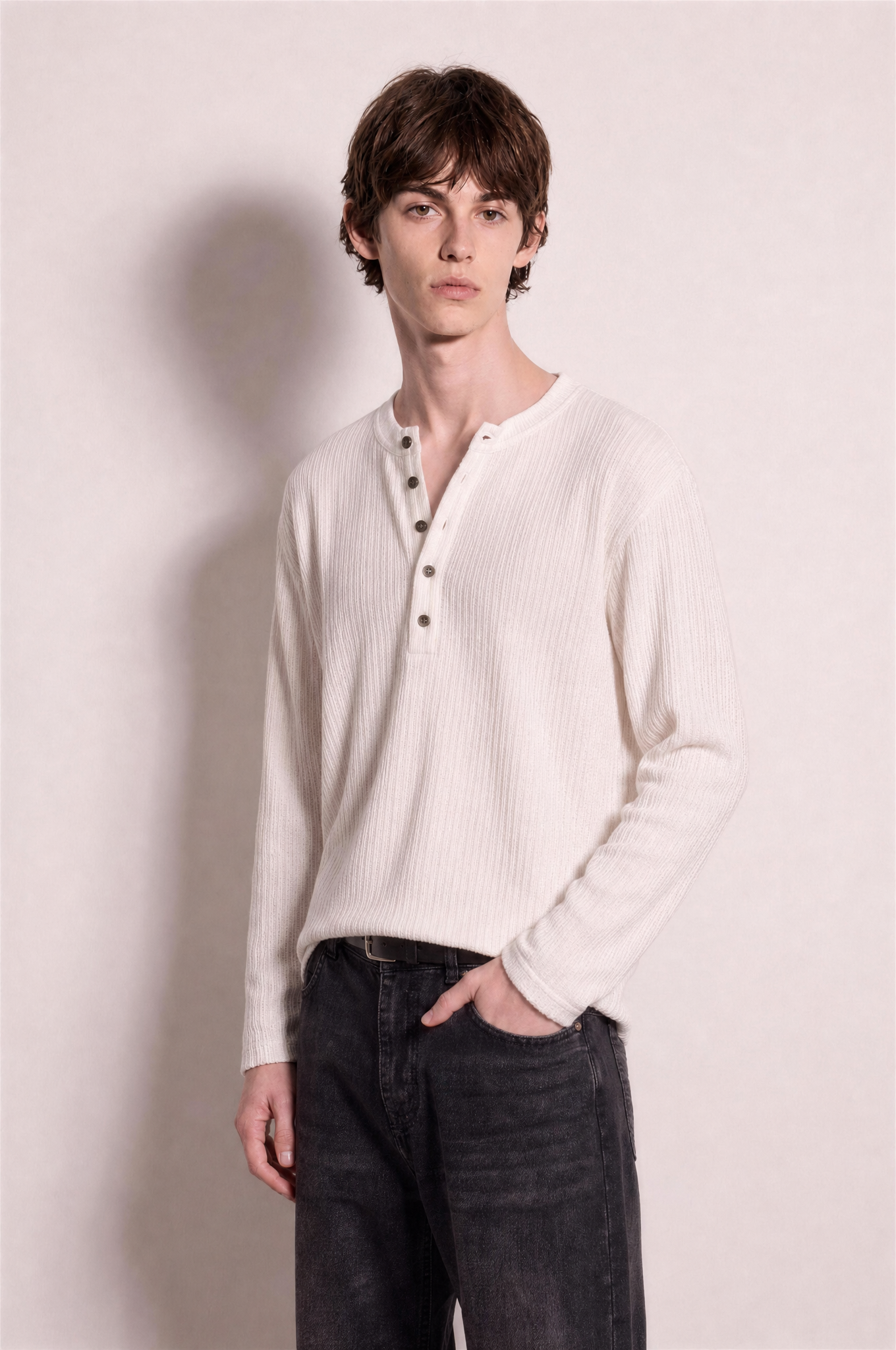 Long Sleeve Textured Henley Shirt in White – three-quarter view