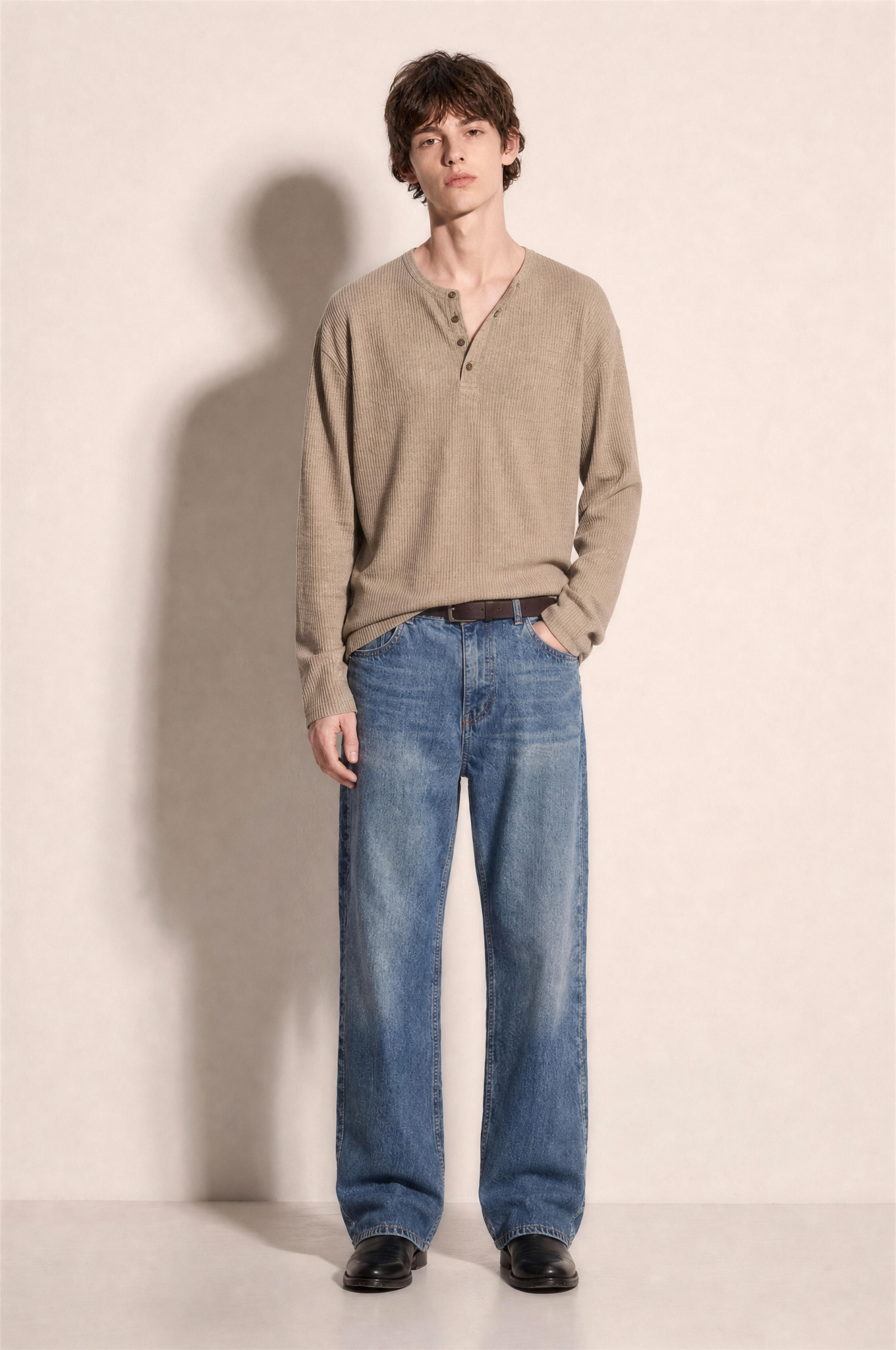 Long Sleeve Textured Henley Shirt in Khaki – full body