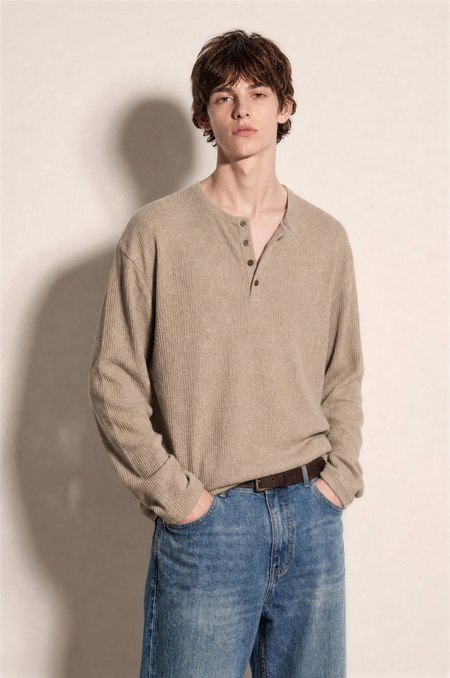 Long Sleeve Textured Henley Shirt in Khaki – half-body front