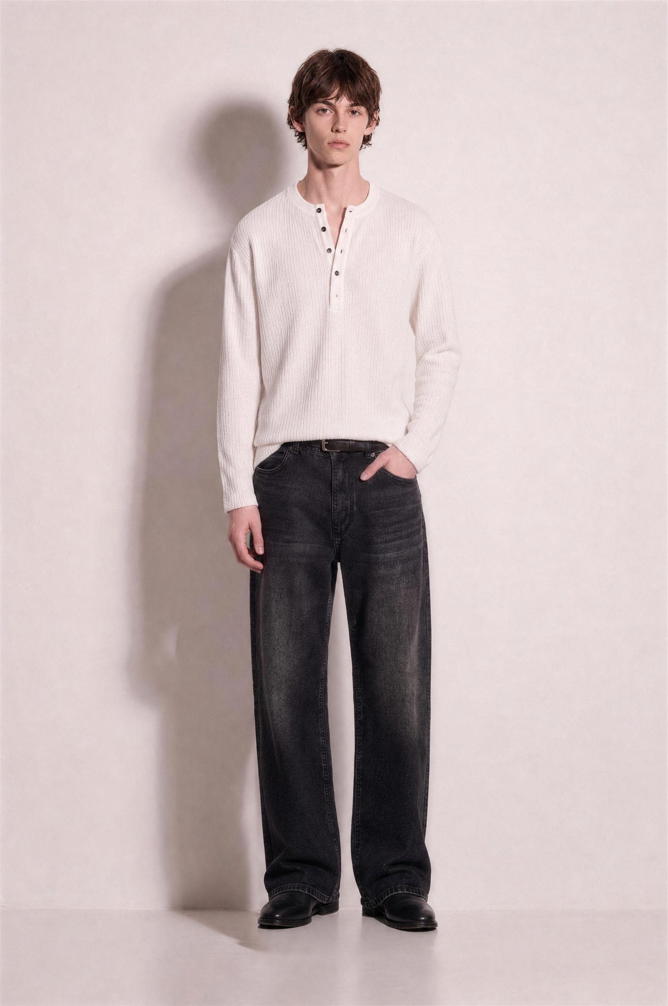 Long Sleeve Textured Henley Shirt in White – full body