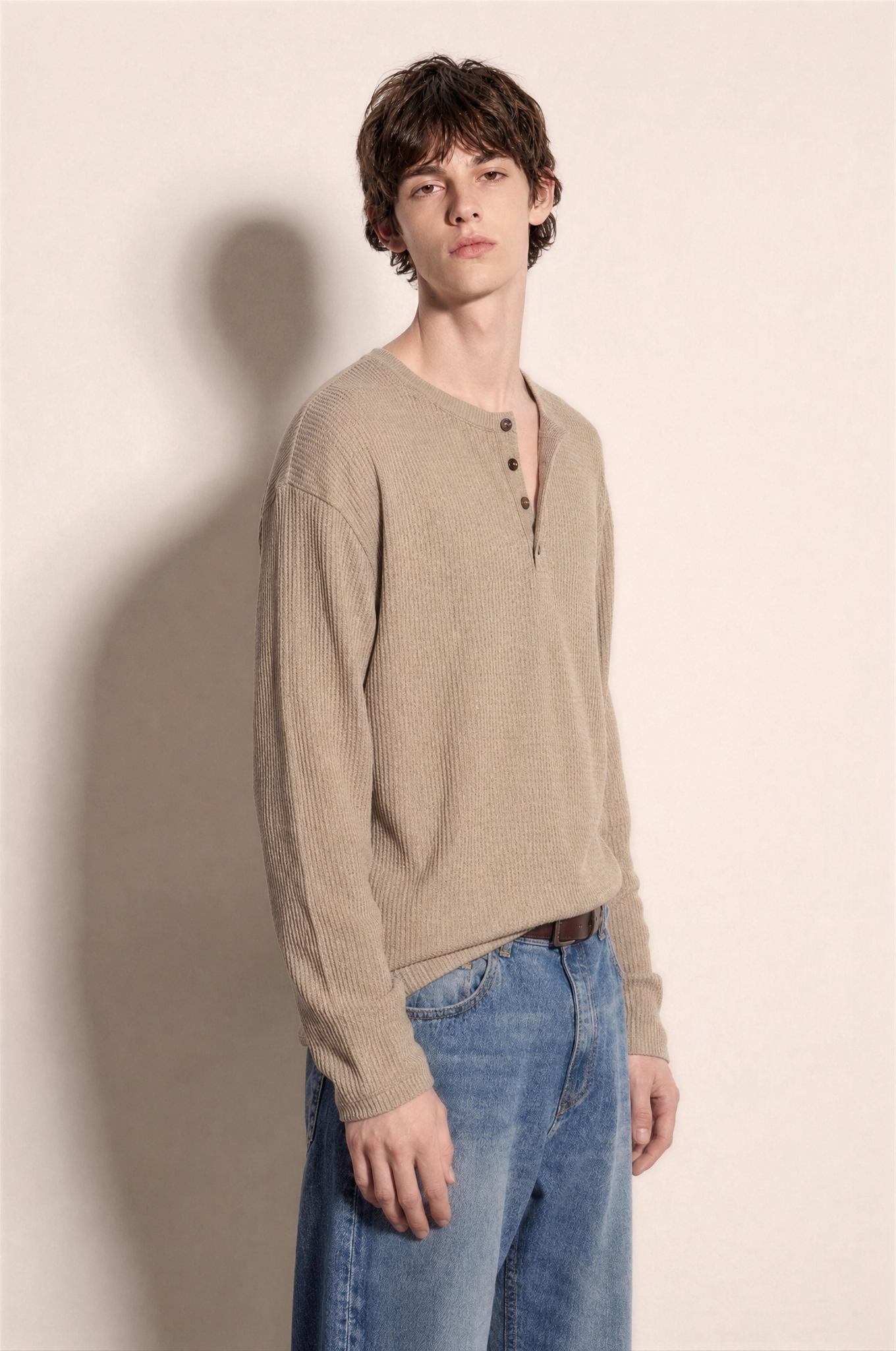 Long Sleeve Textured Henley Shirt in Khaki – three-quarter view