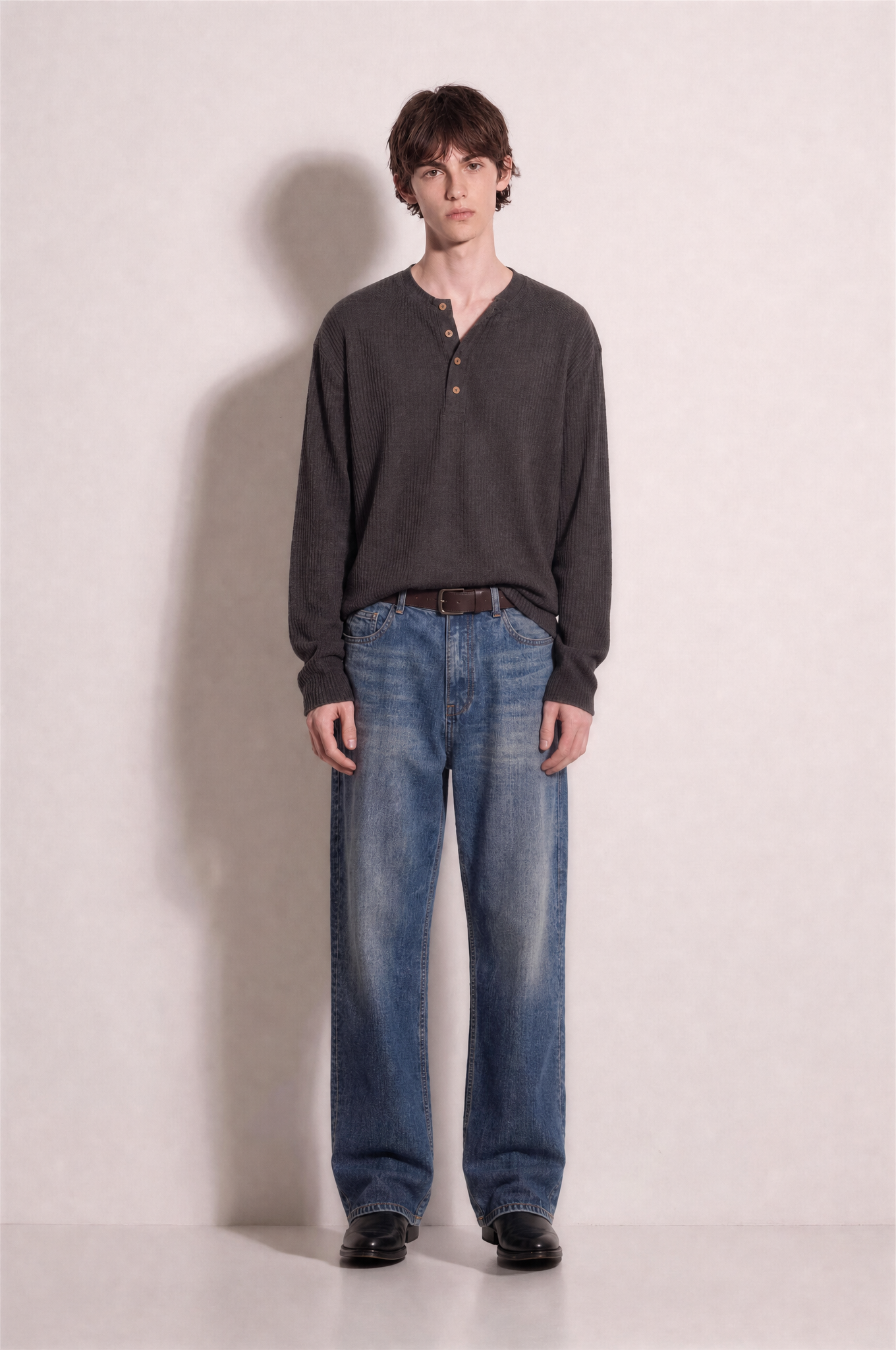 Long Sleeve Textured Henley Shirt in Dark Grey – full body