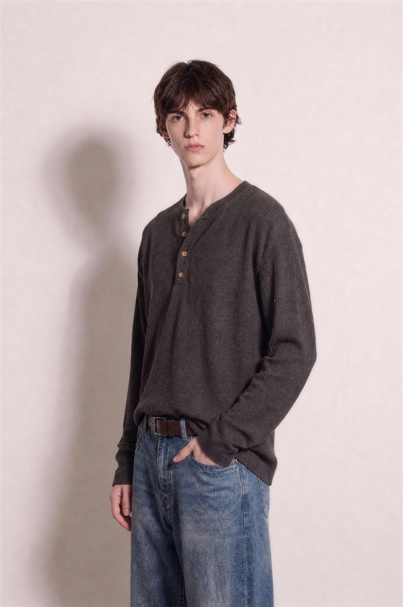 Long Sleeve Textured Henley Shirt in Dark Grey – three-quarter view