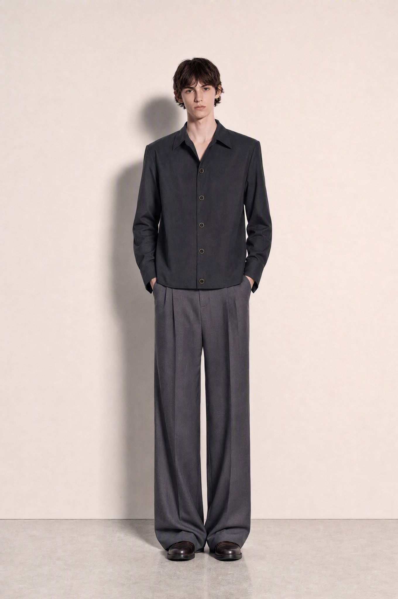 Structured Shoulder Pearlized Button Shirt in Black – full body view