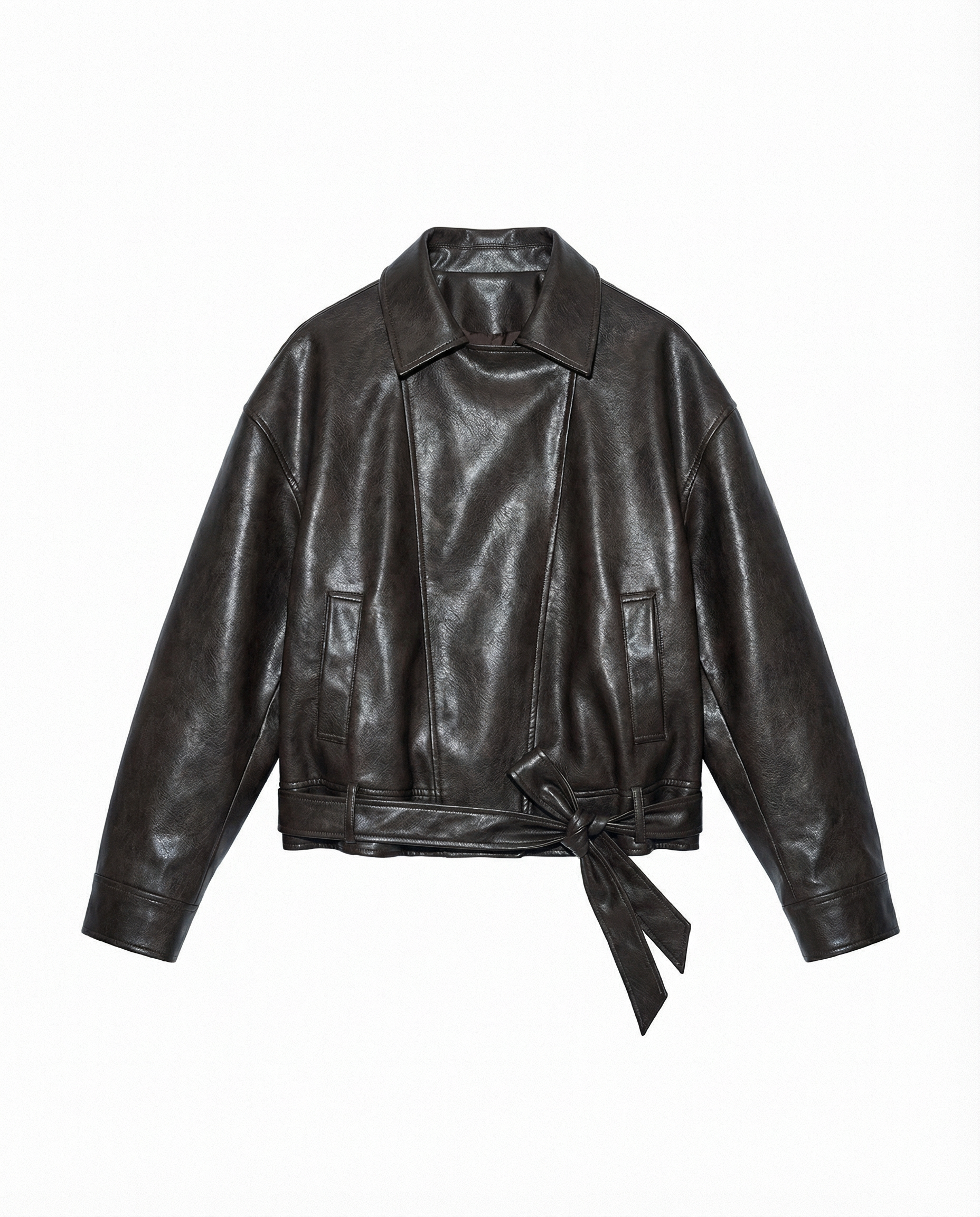 Faux Leather Asymmetric Belted Moto Jacket - nightcity clothing
