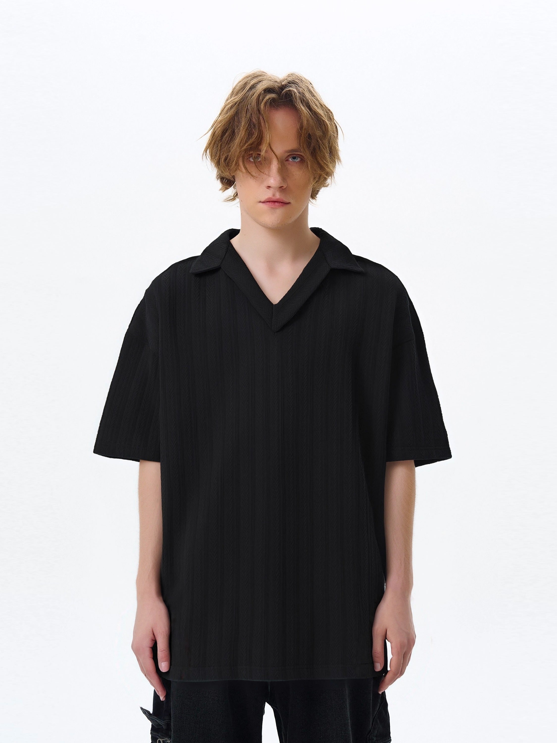 Oversized V-Neck Textured Knit Short Sleeve Shirt