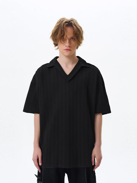 Oversized V-Neck Textured Knit Short Sleeve Shirt