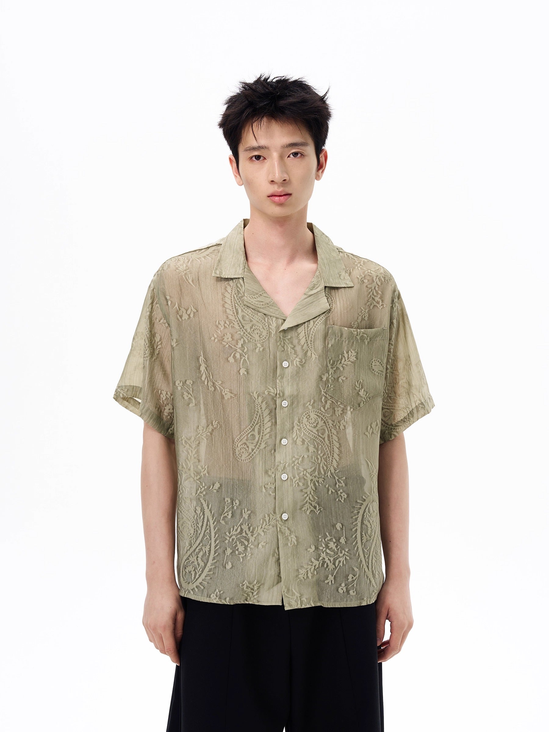 Sheer Paisley Button Up Short Sleeve Shirt with Pocket