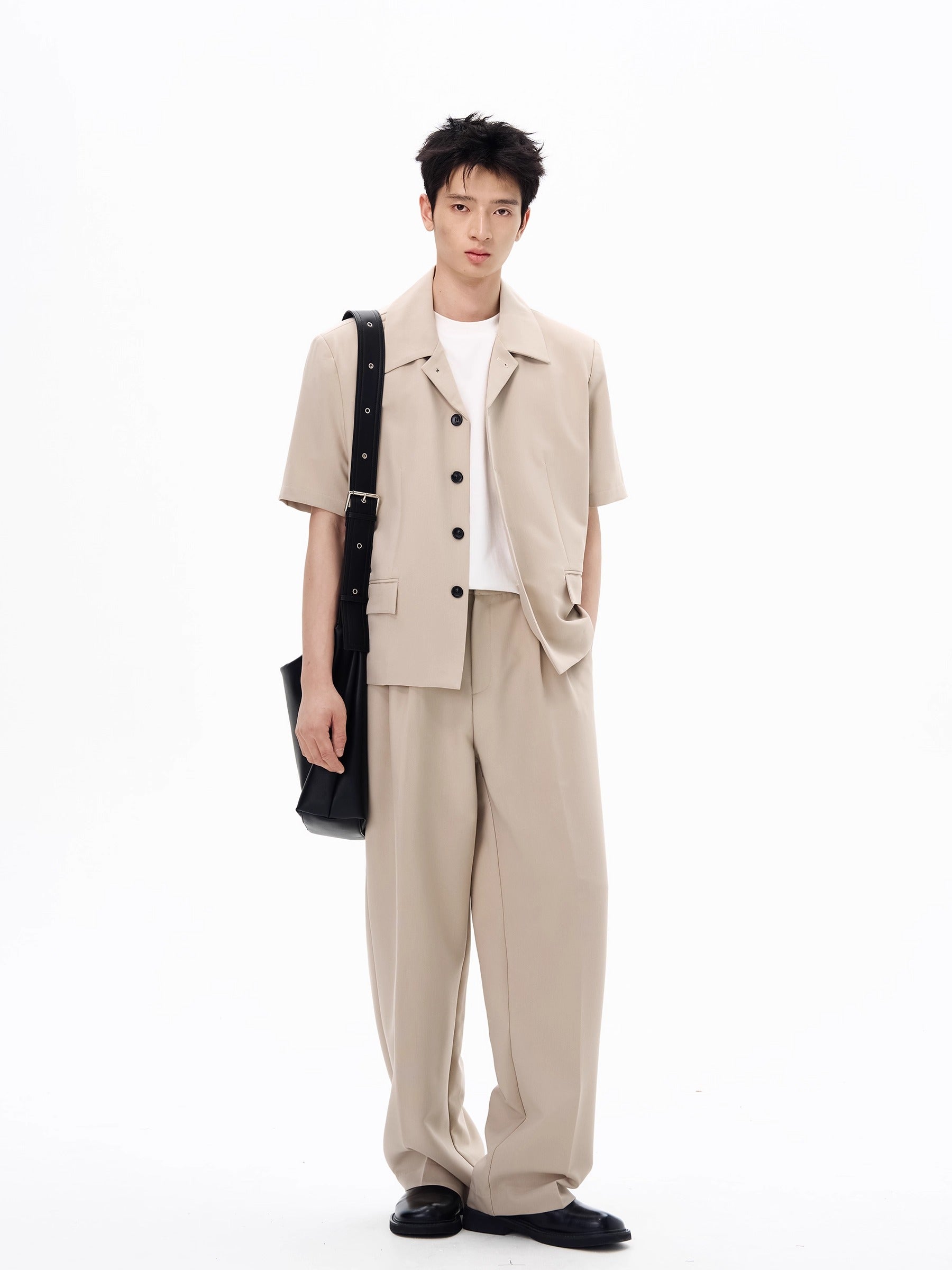 Open Collar Button Shirt and Mid-Waist Straight Pants Two-Piece Set