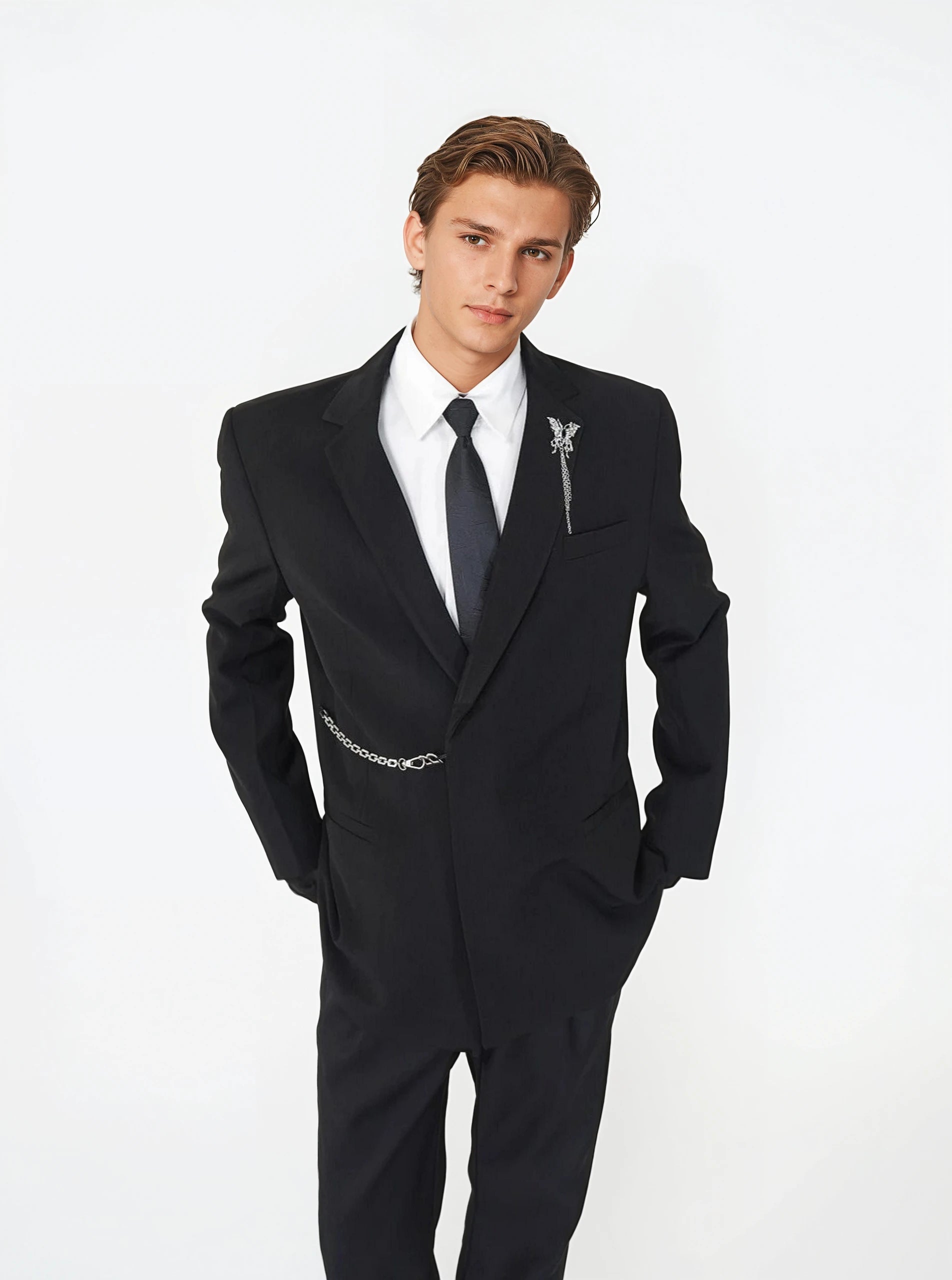 Structured Fit Single-Breasted Blazer with Notch Lapel and Chain Detail