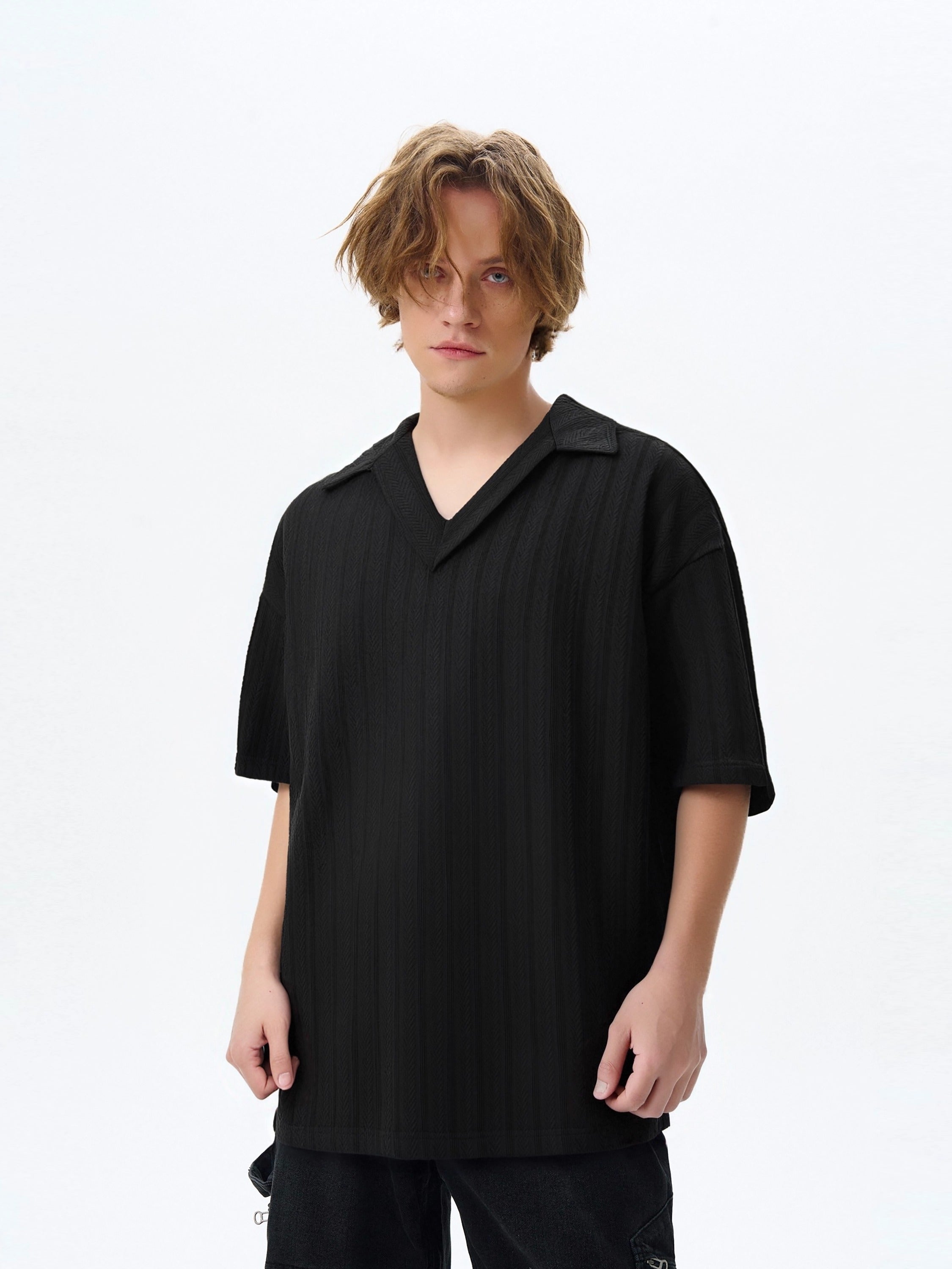 Oversized V-Neck Textured Knit Short Sleeve Shirt