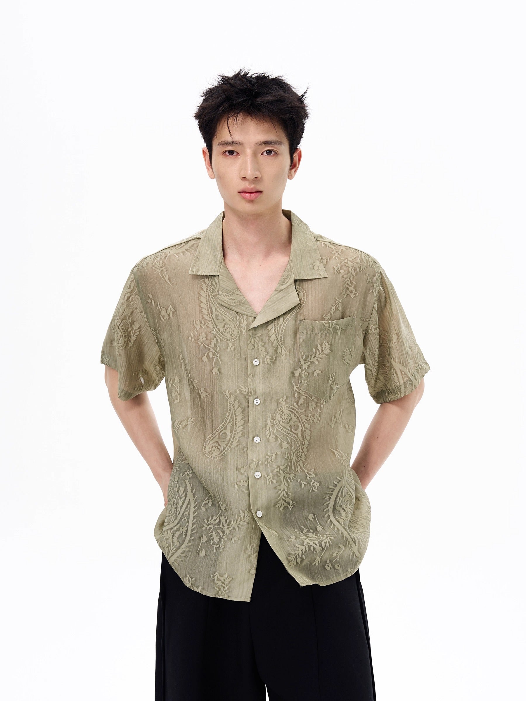 Sheer Paisley Button Up Short Sleeve Shirt with Pocket
