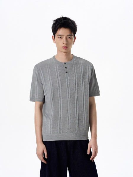 Textured Knit Short Sleeve Henley Shirt