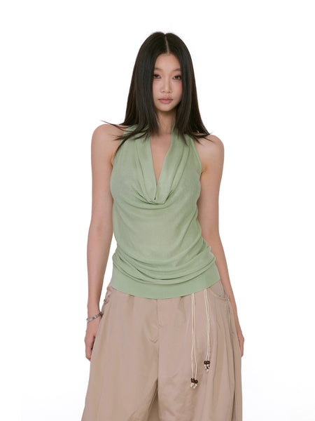 Halter Cowl Neck Ribbed Sleeveless Top