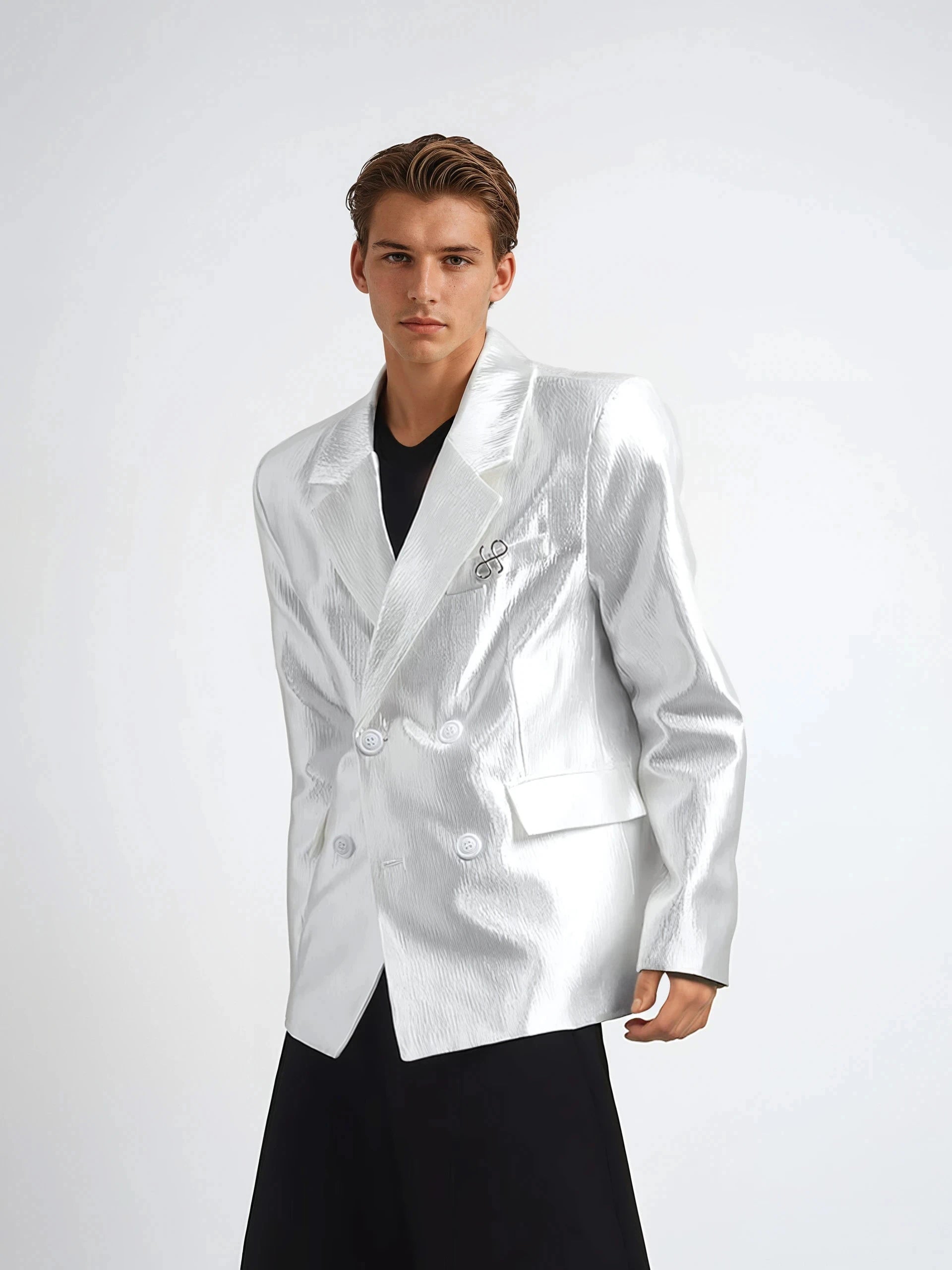 Textured Double-Breasted Blazer with Peak Lapel