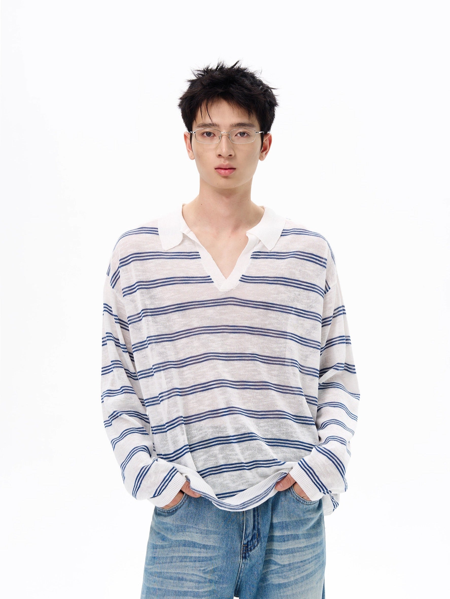 Stripe Drop Shoulder Long Sleeve Polo Shirt