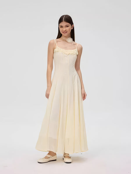 Spaghetti Strap Ruffle Maxi Dress with Rosette