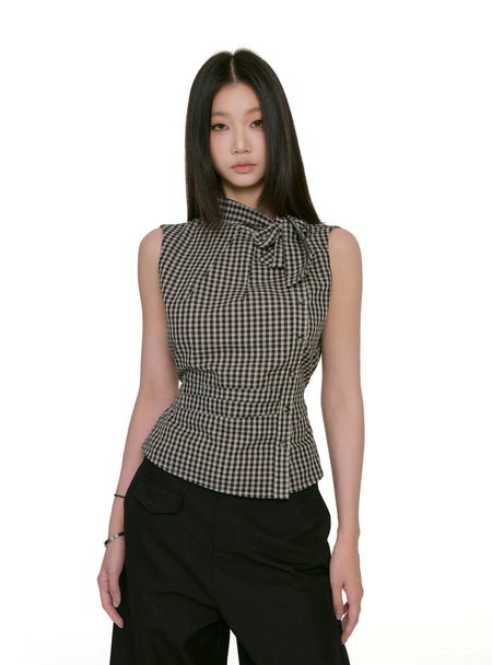 Gingham Asymmetric Button Sleeveless Top with Bow Detail