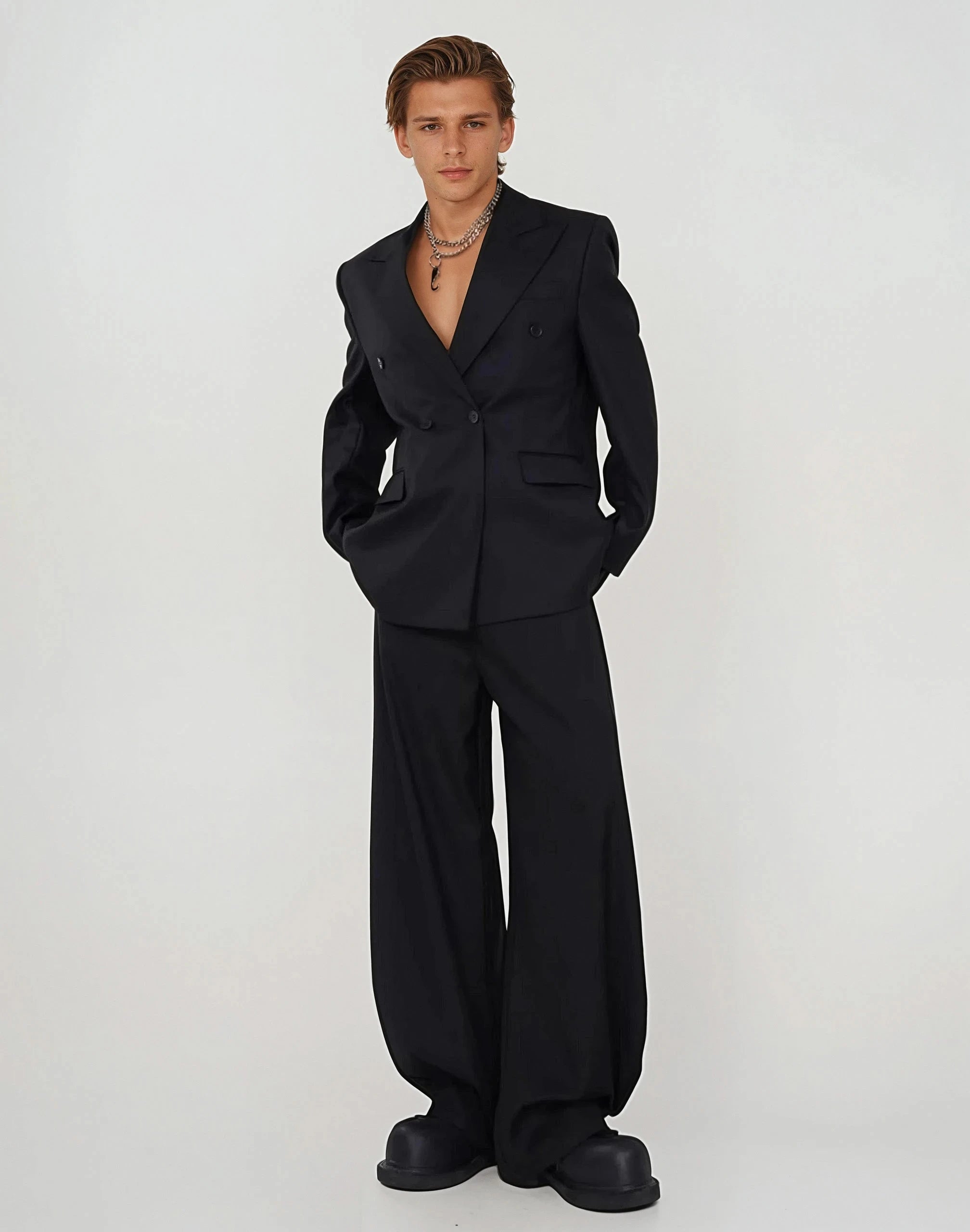 Boxy Double-Breasted Blazer with Peak Lapel and Wide Leg Trousers Two-Piece Set