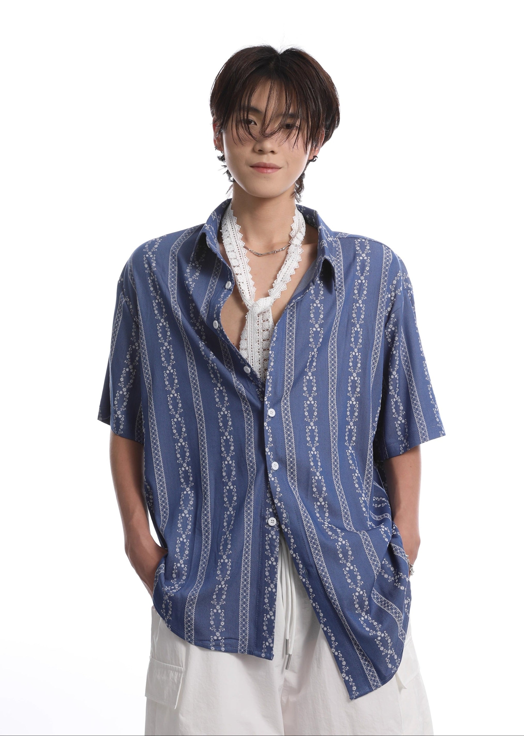 Button-Up Shirt with Vertical Floral Stripe Pattern