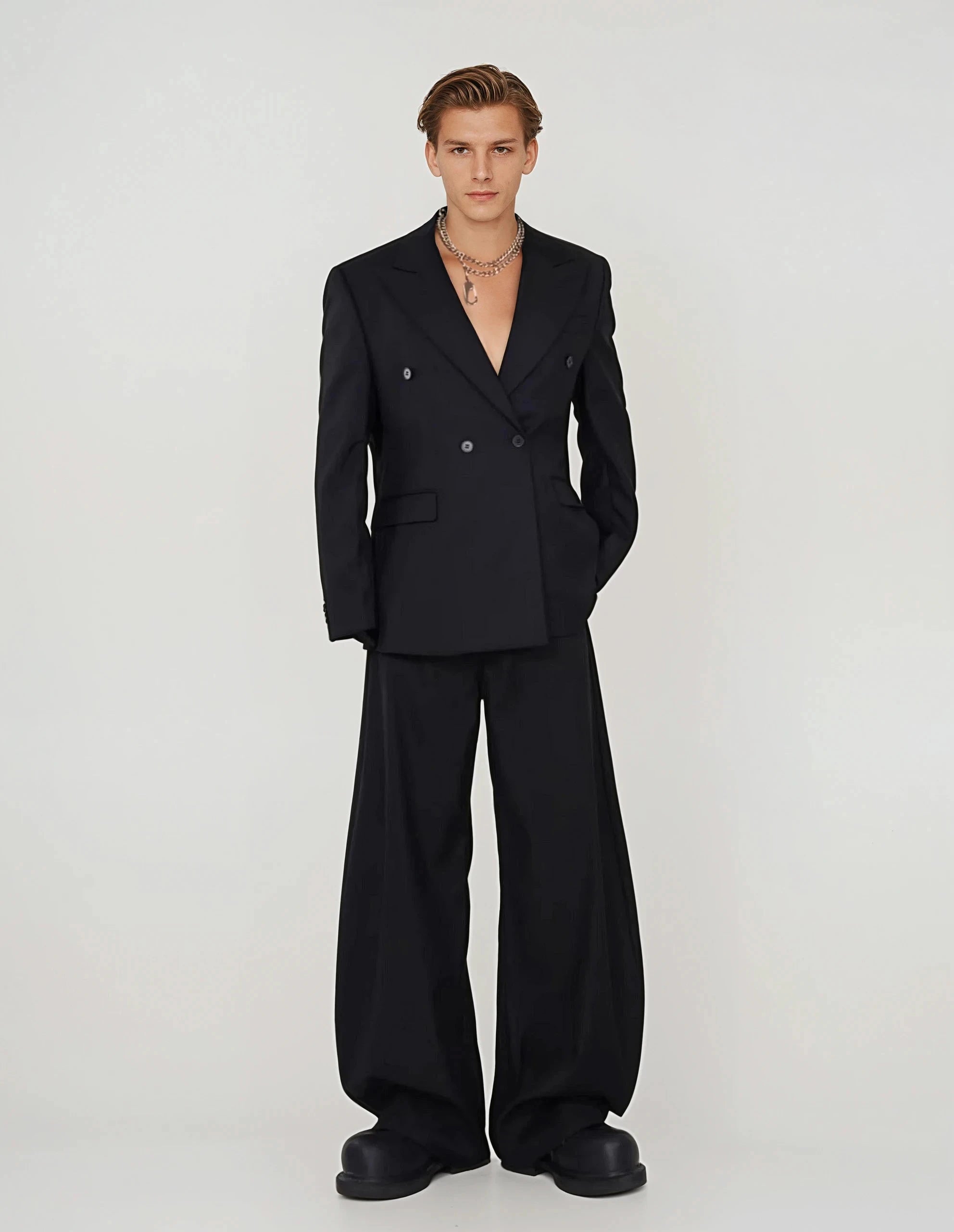 Boxy Double-Breasted Blazer with Peak Lapel and Wide Leg Trousers Two-Piece Set