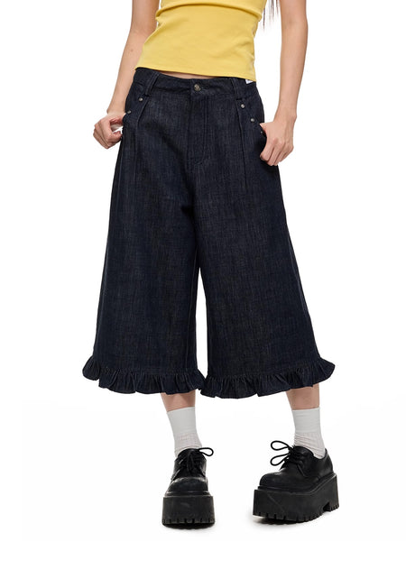 High-Rise Denim Bermuda Shorts with Ruffle Trim - nightcity clothing