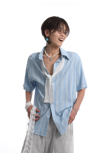 Button-Up Shirt with Vertical Floral Stripe Pattern