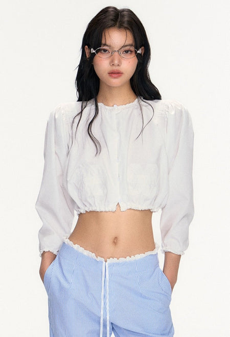 Smocked Hem Long Puff Sleeve Crop Top