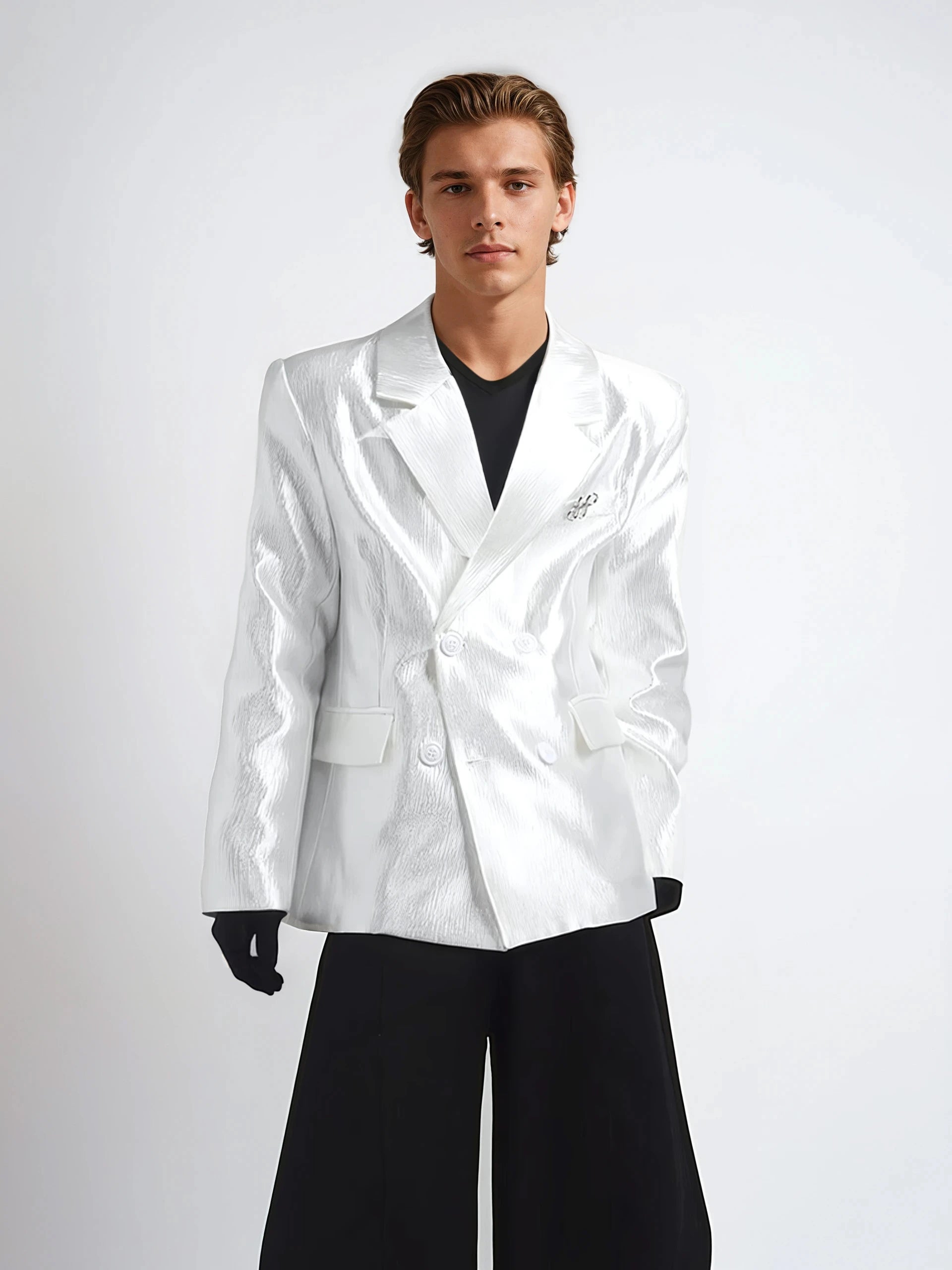 Textured Double-Breasted Blazer with Peak Lapel