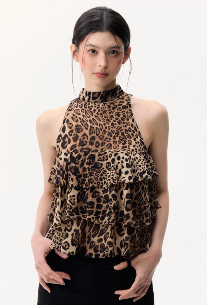 Leopard Print Tiered Ruffle Halter Top
