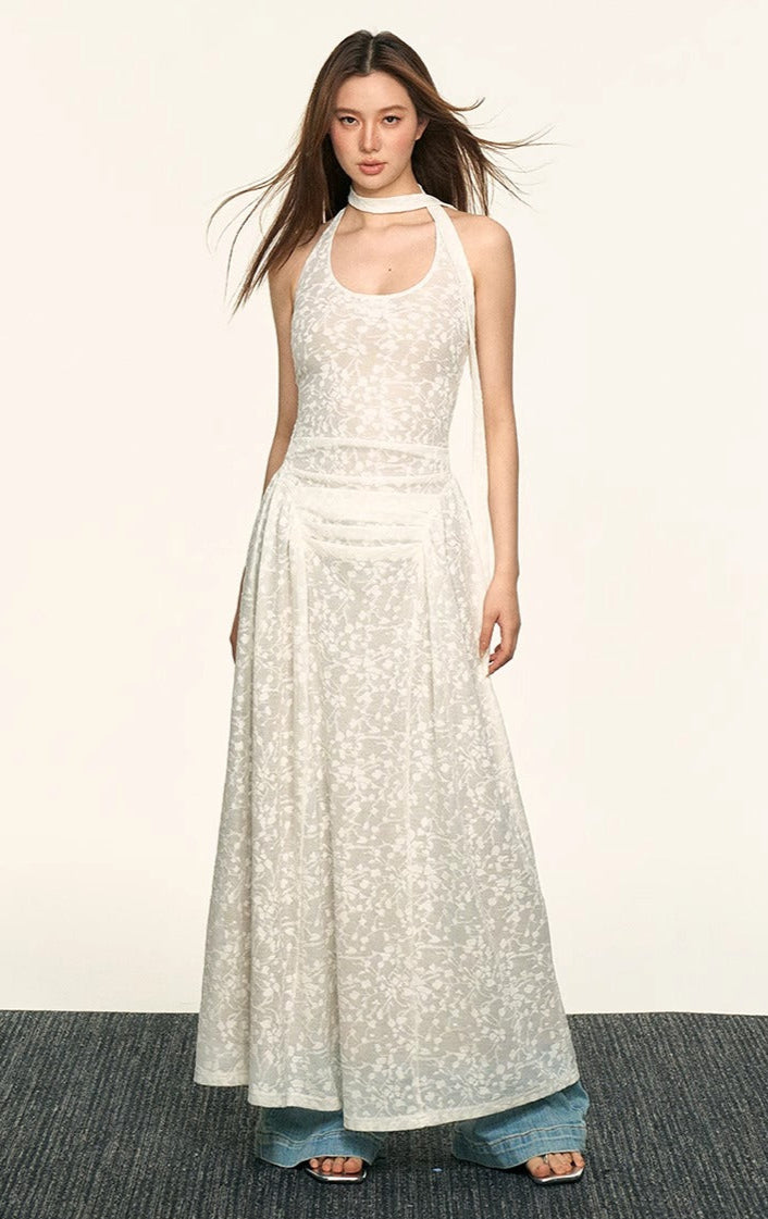 Sheer Floral Halter Neck Maxi Dress with Ruched Front and Scarf Detail