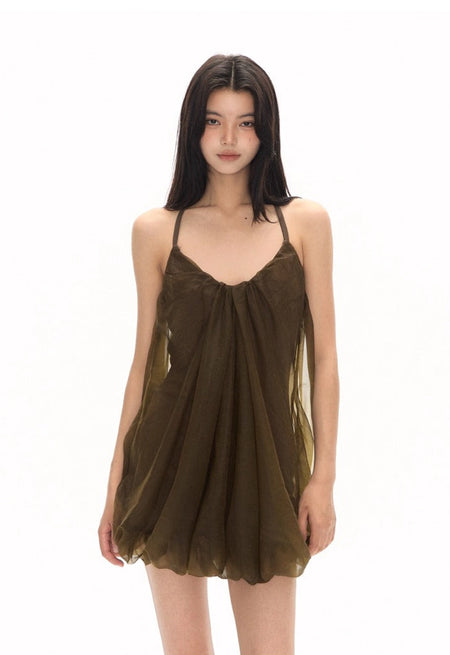 Halter Neck Sheer Overlay Balloon Mini Dress