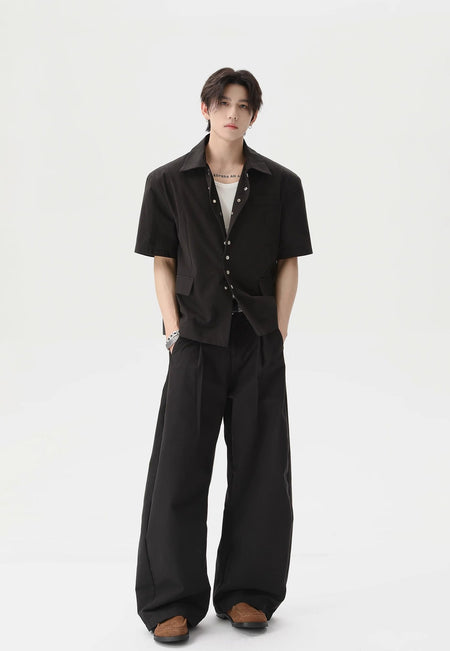 Short Sleeve Snap Button Shirt and Wide Leg Pleated Pants Two-Piece Set - nightcity clothing