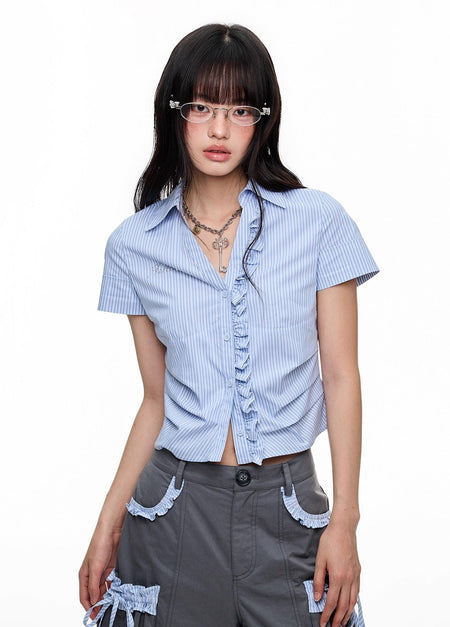 Stripe Ruffle Trim Button-Up Shirt