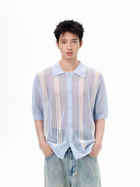 Ribbed Trim Stripe Short Sleeve Button Shirt