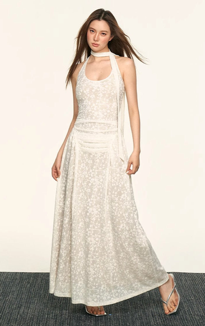 Sheer Floral Halter Neck Maxi Dress with Ruched Front and Scarf Detail