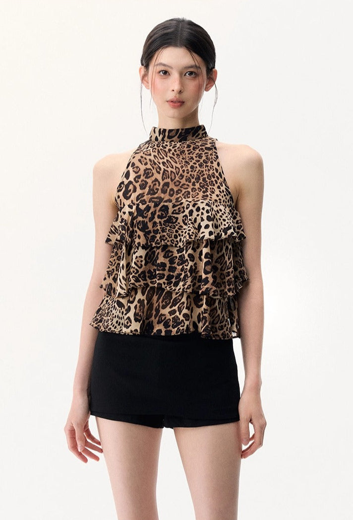 Leopard Print Tiered Ruffle Halter Top
