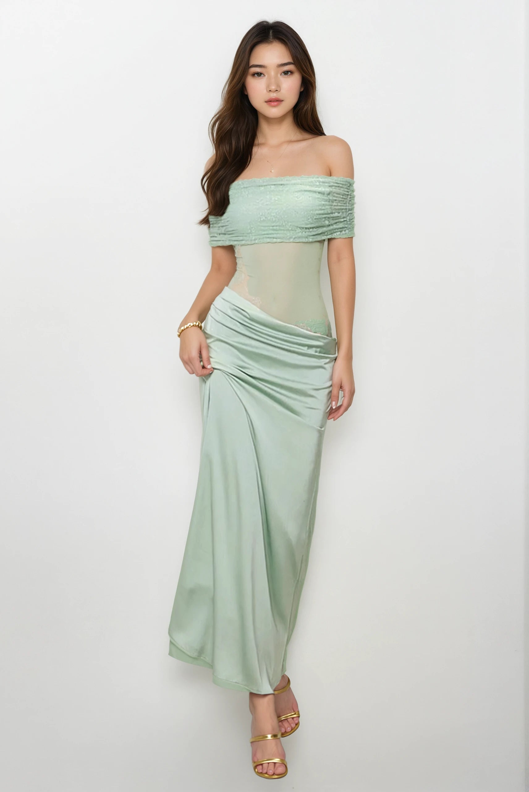 Off Shoulder Sheer Mesh Bodycon Maxi Dress