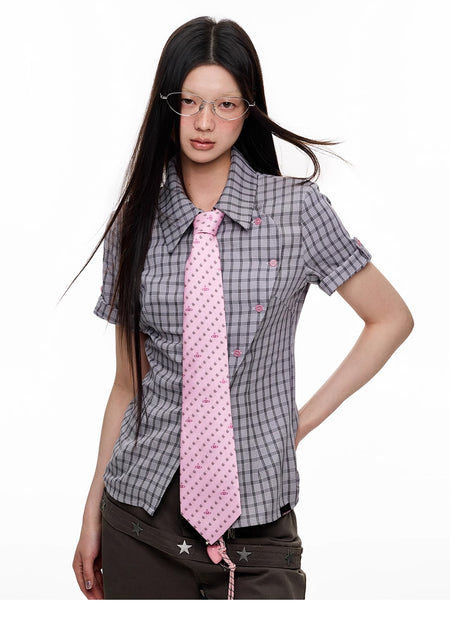 Plaid Asymmetric Button Wrap Top