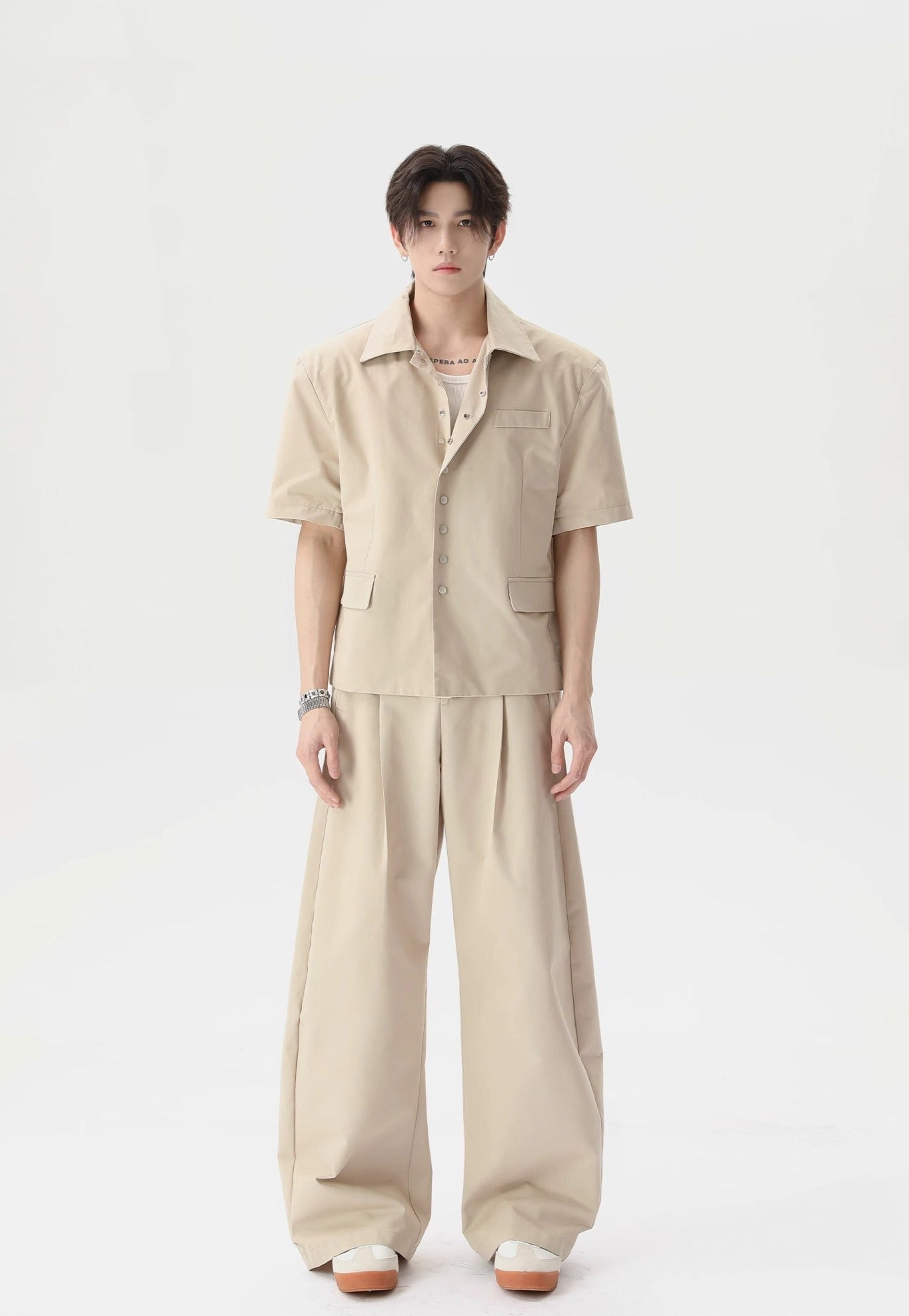 Short Sleeve Snap Button Shirt and Wide Leg Pleated Pants Two-Piece Set