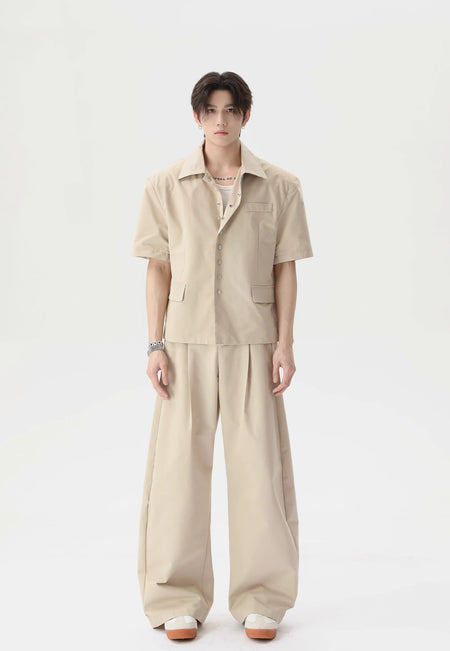 Short Sleeve Snap Button Shirt and Wide Leg Pleated Pants Two-Piece Set - nightcity clothing