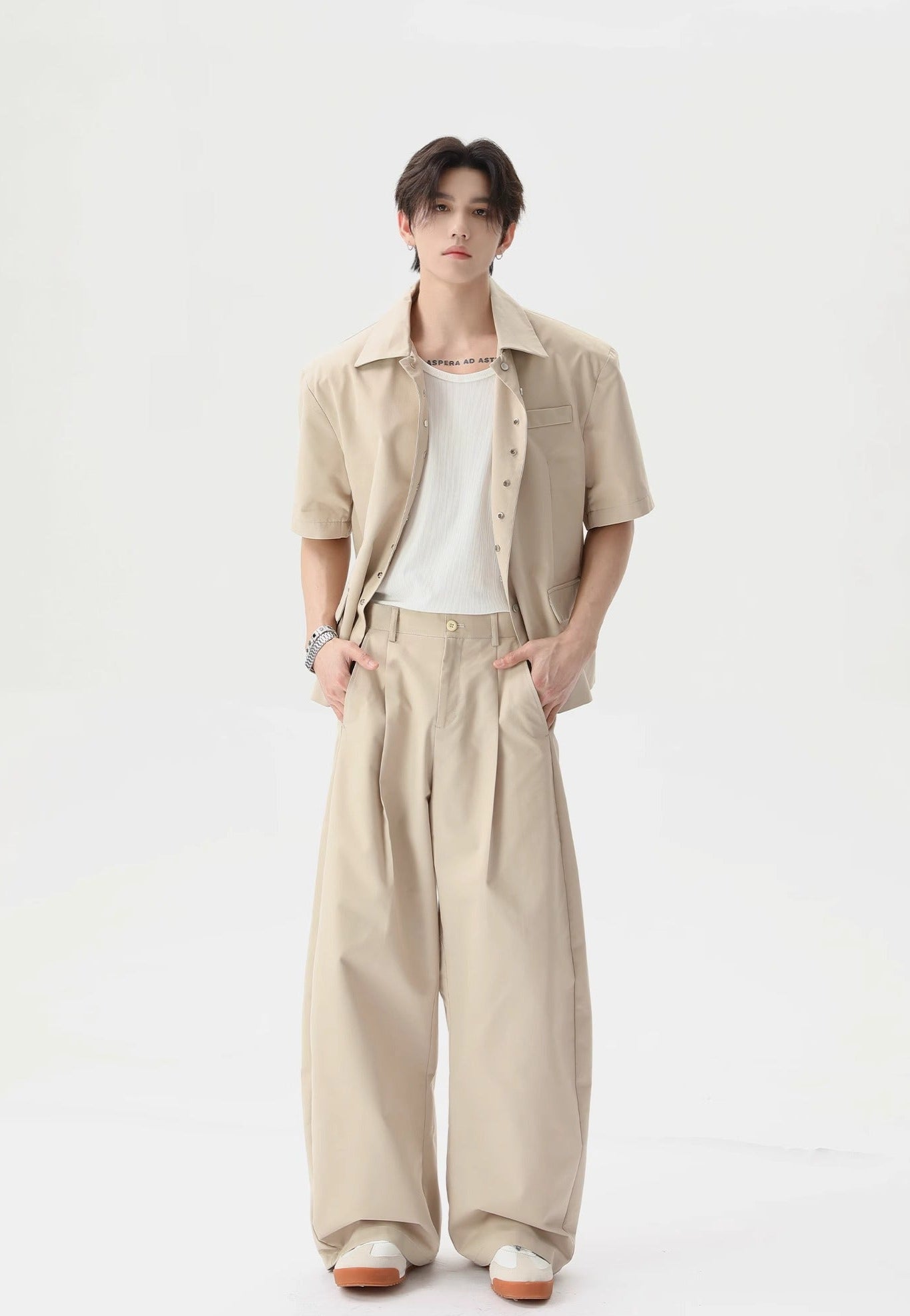 Short Sleeve Snap Button Shirt and Wide Leg Pleated Pants Two-Piece Set