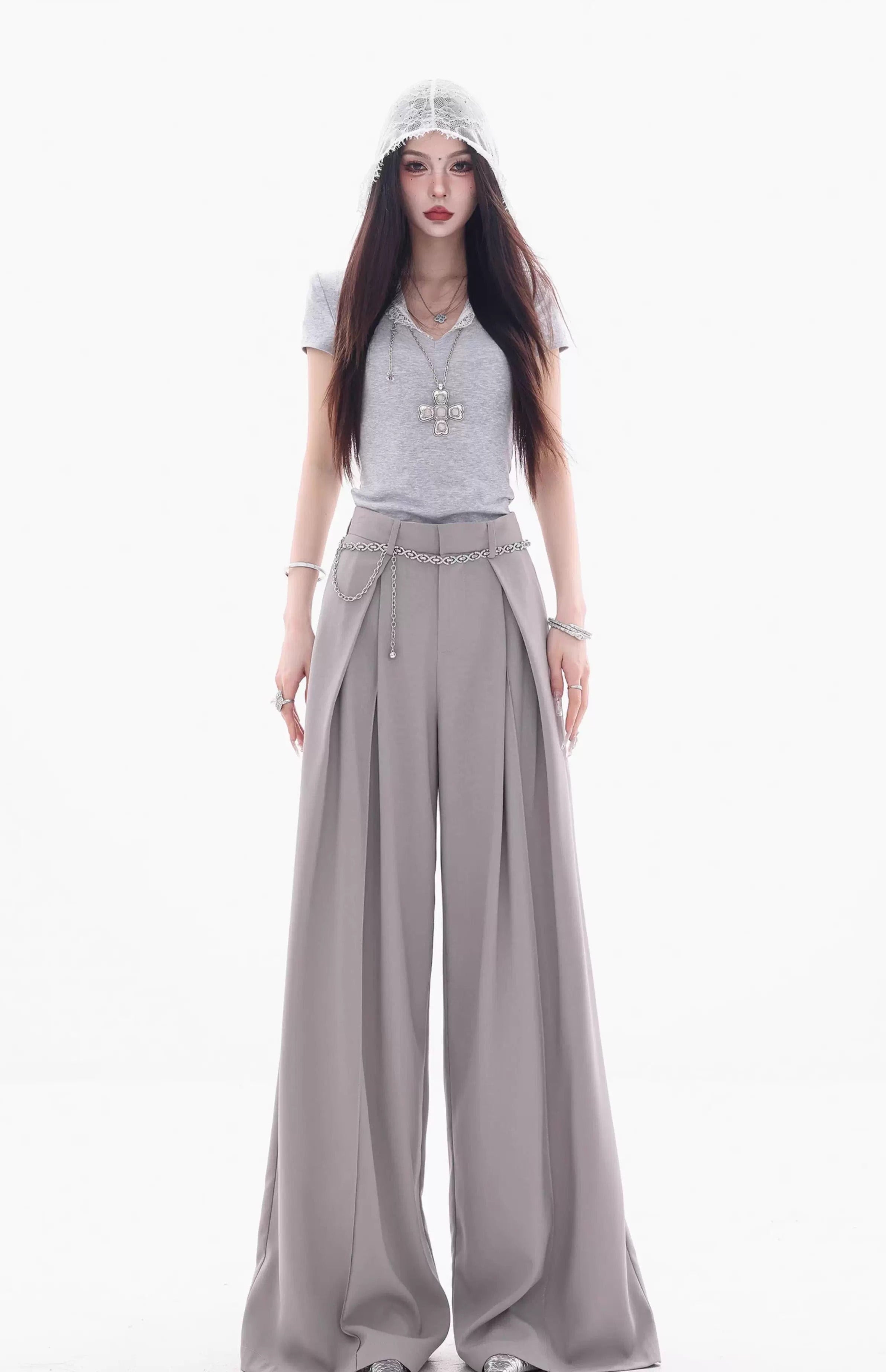 High Waist Extra Wide Leg Pleated Pants with Belt Loops