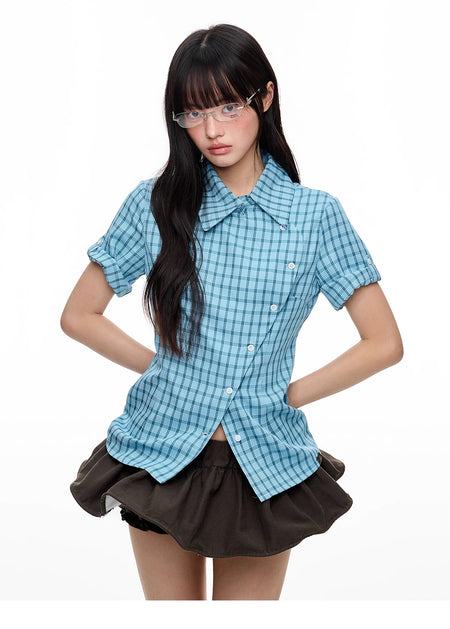 Plaid Asymmetric Button Wrap Top