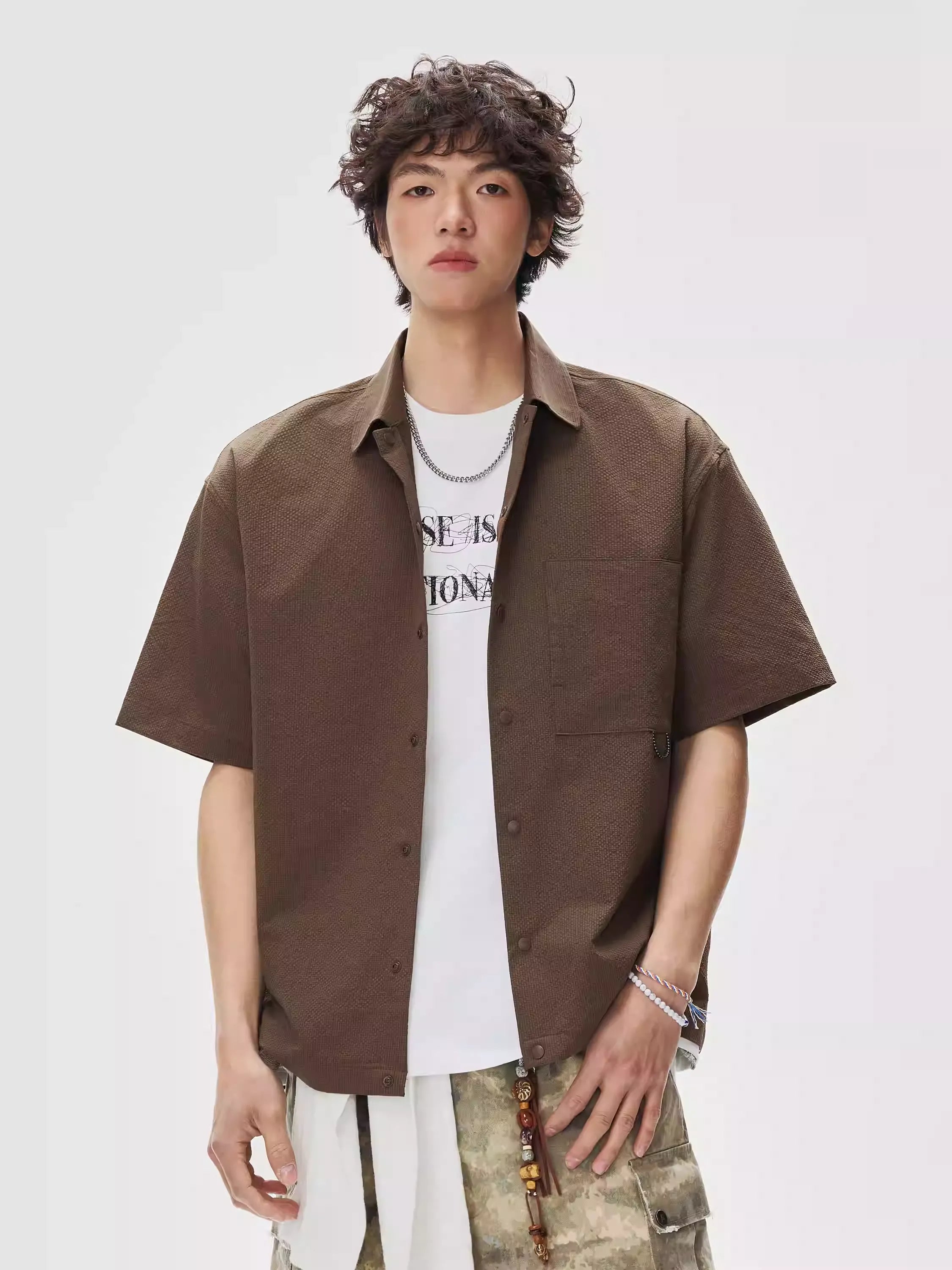 Boxy Waffle Texture Short Sleeve Button Shirt