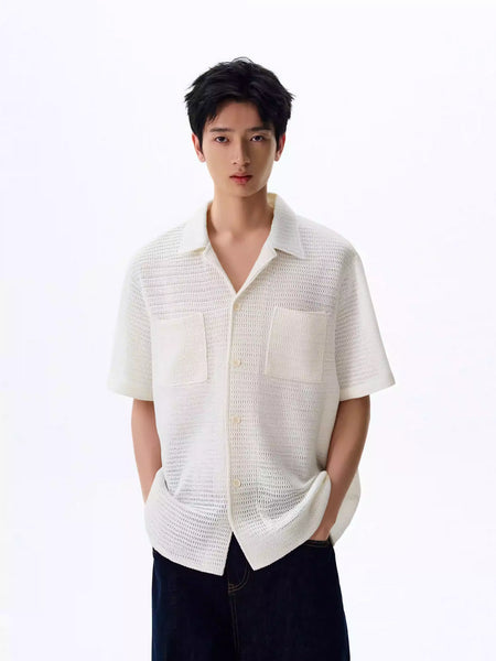 Textured Open Knit Short Sleeve Button Shirt with Pockets